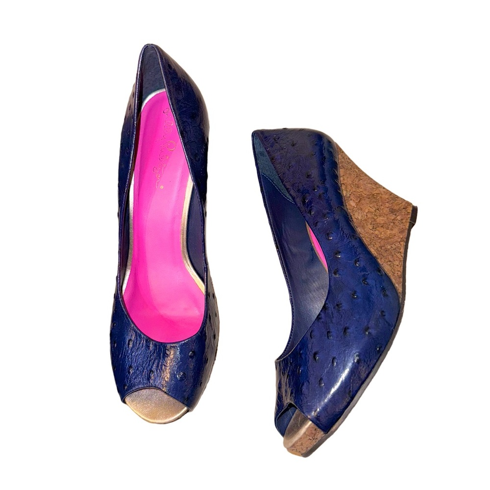 LILLY PULITZER CORK wedge blue leather peep toe heels women’s shoes size 8